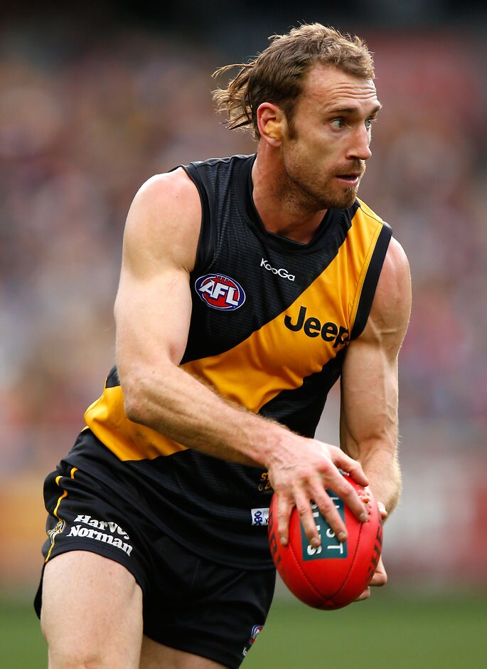 AFL 2013 Rd 20 - Richmond v Brisbane Shane Tuck of the Tigers in action during the 2013 AFL Round 20 match between the Richmond Tigers and the Brisbane Lions at the MCG, Melbourne on August 10, 2013. (Photo: Michael Willson/AFL Media)